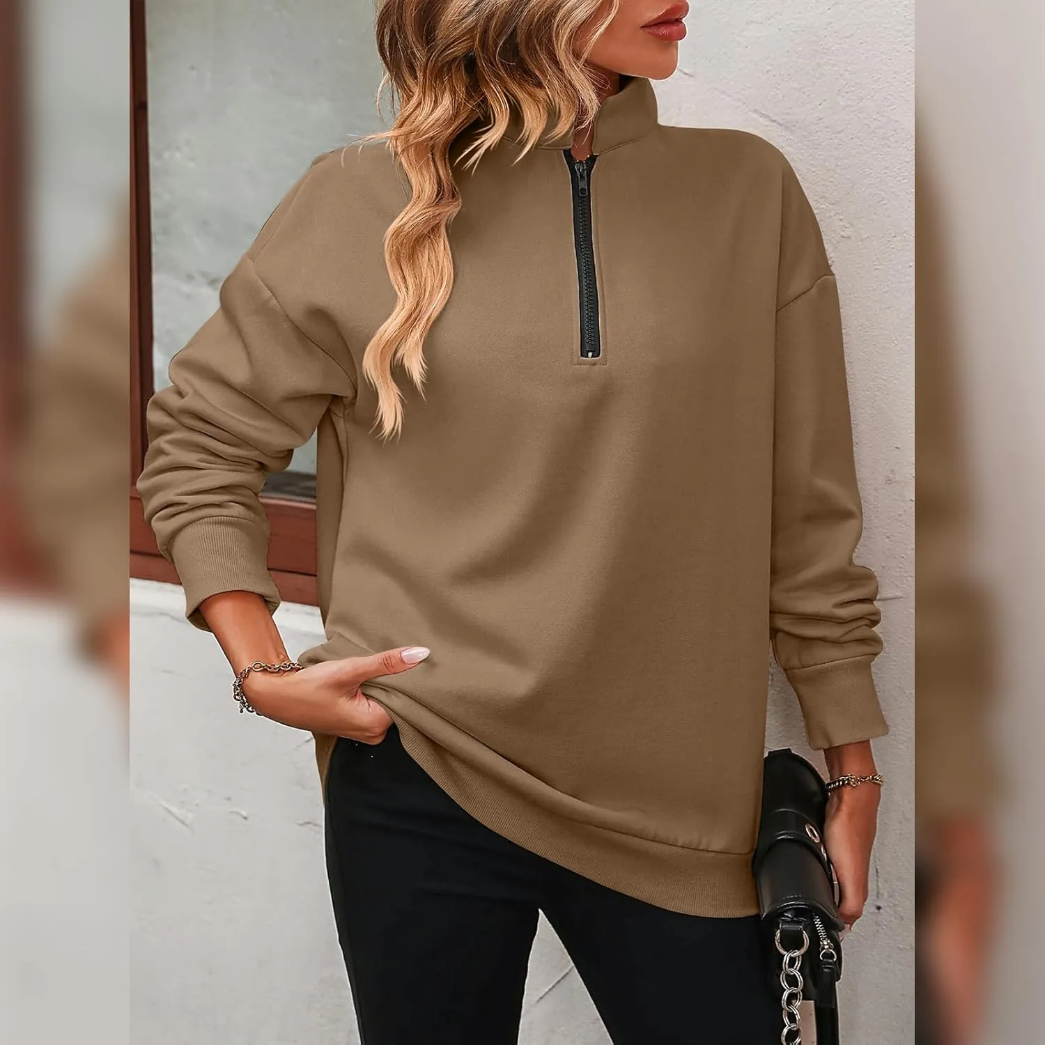 OBEEII Half Zip Sweatshirts for Women, Quarter Zip Long Sleeve Hoodies Sweaters Fleece Pullover Top Fall Winter Clothes