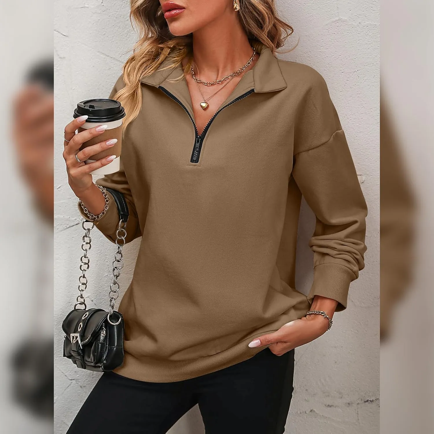 OBEEII Half Zip Sweatshirts for Women, Quarter Zip Long Sleeve Hoodies Sweaters Fleece Pullover Top Fall Winter Clothes