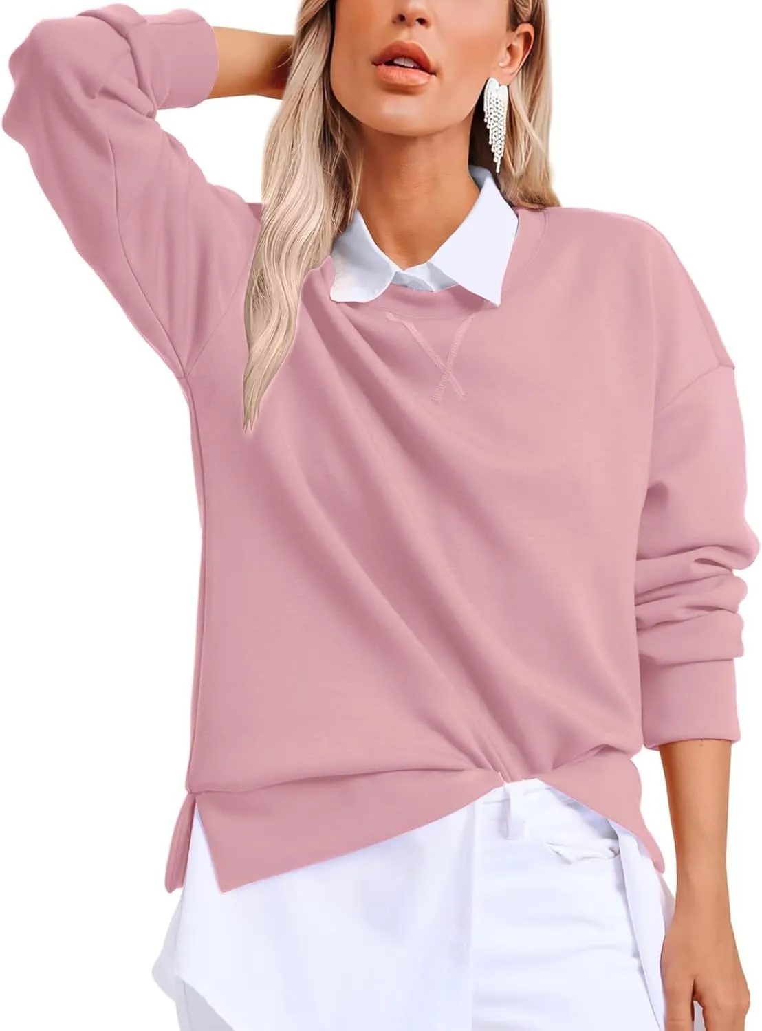 Oversized Crewneck Sweatshirt Women Side Slit Long Sleeve Fleece Pullover Tops Soft Cozy Plain Hoodie Preppy Clothes