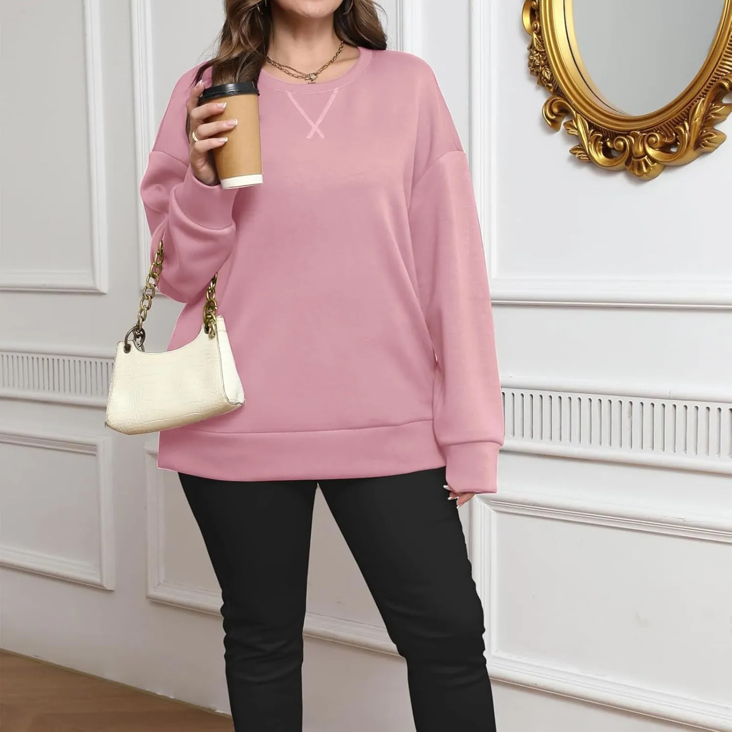 Oversized Crewneck Sweatshirt Women Side Slit Long Sleeve Fleece Pullover Tops Soft Cozy Plain Hoodie Preppy Clothes