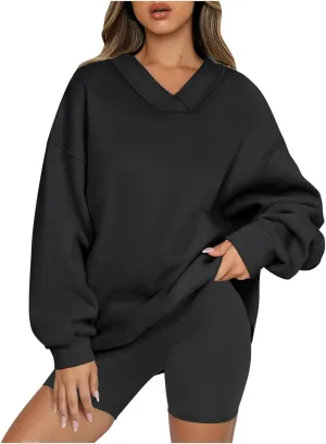 Oversized Fleece Sweatshirts For Women Trendy 2024 Long Sleeve v Neck Pullover Tops Casual Loose Solid Fall Clothes