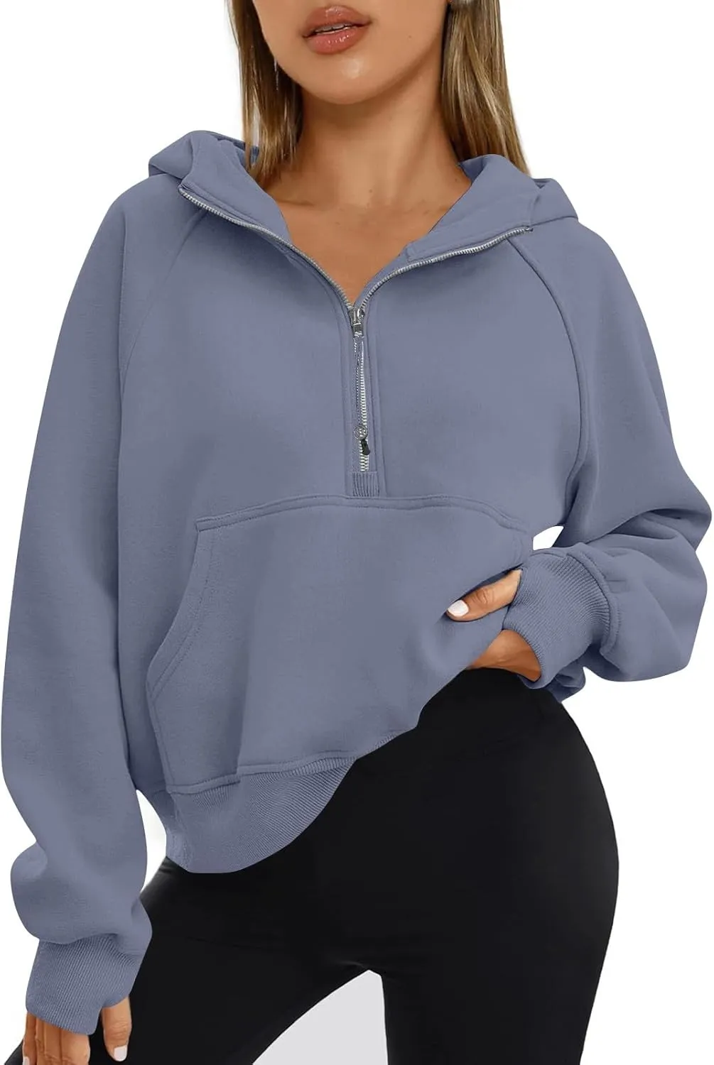 Oversized Hoodie Women Fleece Lined Thumb Hole Cropped Half Zip Sweatshirt Drop Shoulder Long Sleeve Going Out Tops
