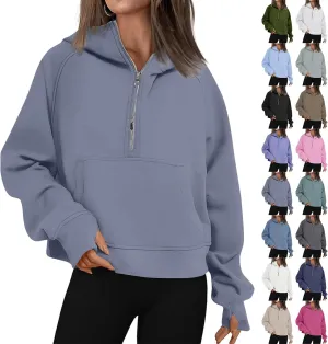 Oversized Hoodie Women Fleece Lined Thumb Hole Cropped Half Zip Sweatshirt Drop Shoulder Long Sleeve Going Out Tops