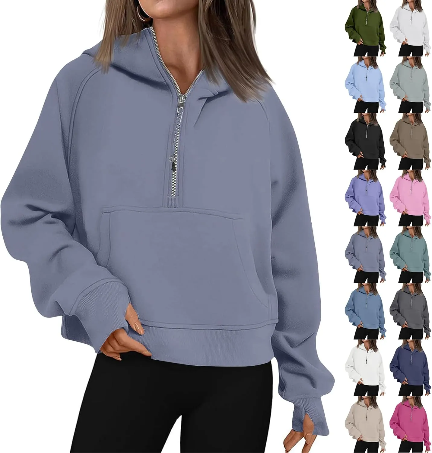 Oversized Hoodie Women Fleece Lined Thumb Hole Cropped Half Zip Sweatshirt Drop Shoulder Long Sleeve Going Out Tops