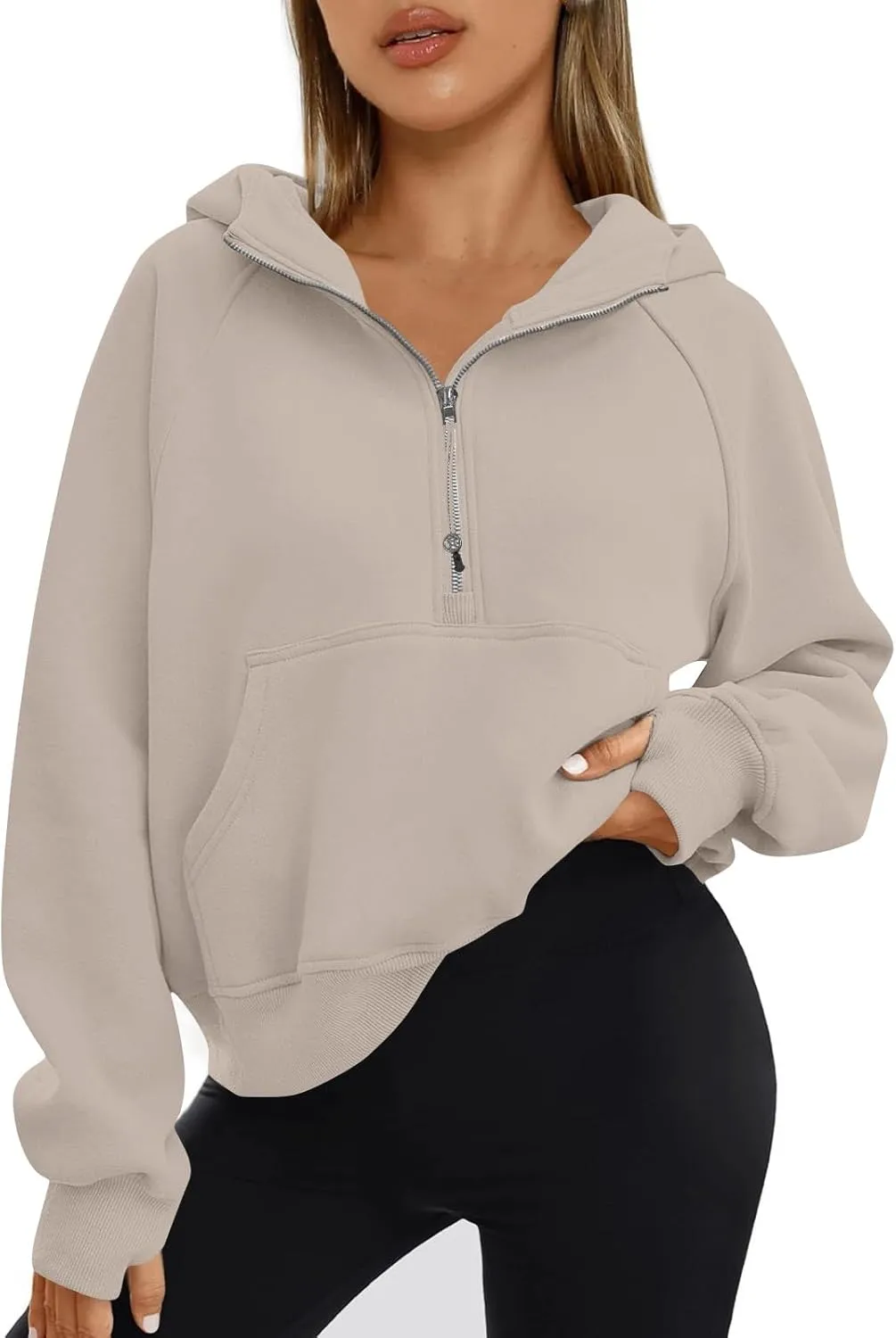 Oversized Hoodie Women Fleece Lined Thumb Hole Cropped Half Zip Sweatshirt Drop Shoulder Long Sleeve Going Out Tops