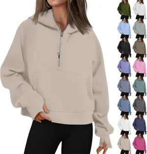 Oversized Hoodie Women Fleece Lined Thumb Hole Cropped Half Zip Sweatshirt Drop Shoulder Long Sleeve Going Out Tops