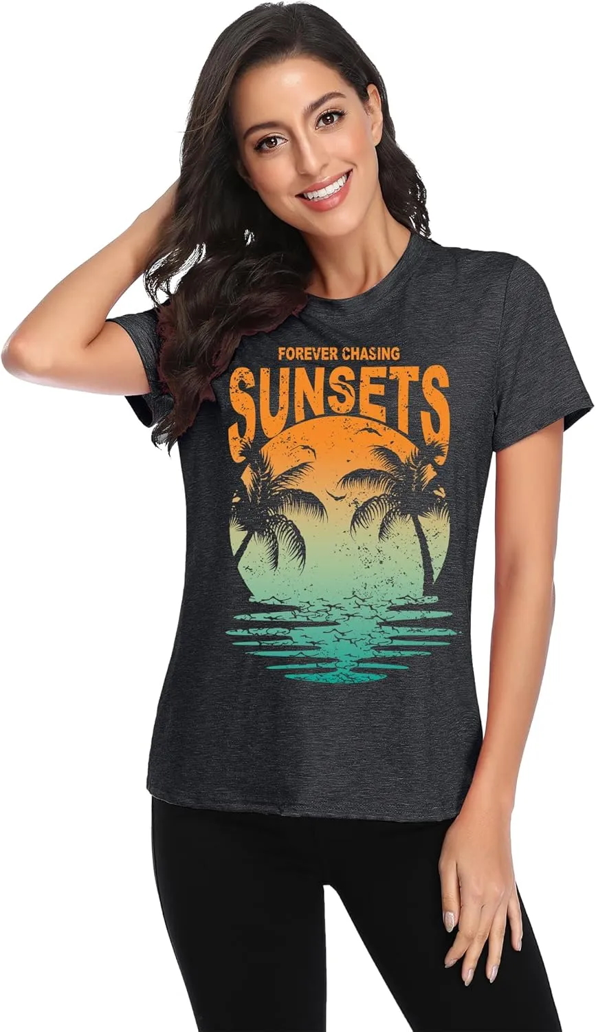 Oversized Sunset Graphic Tees for Women: Forever Chasing Sunset Graphic Tees Summer Casual Hawaiian Shirts for Women