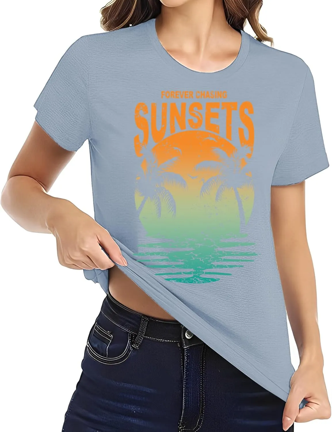 Oversized Sunset Graphic Tees for Women: Forever Chasing Sunset Graphic Tees Summer Casual Hawaiian Shirts for Women