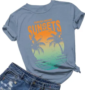 Oversized Sunset Graphic Tees for Women: Forever Chasing Sunset Graphic Tees Summer Casual Hawaiian Shirts for Women