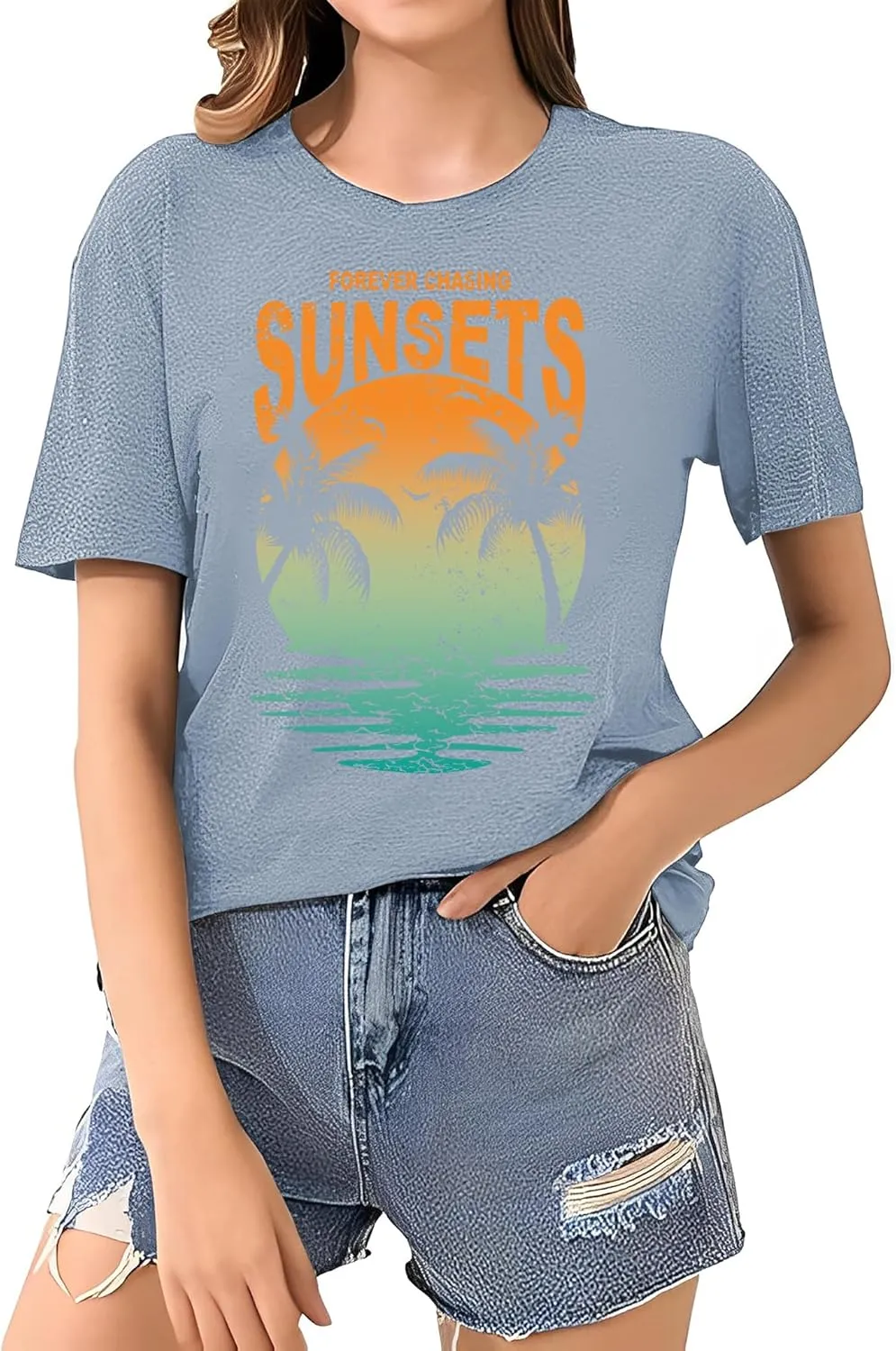 Oversized Sunset Graphic Tees for Women: Forever Chasing Sunset Graphic Tees Summer Casual Hawaiian Shirts for Women