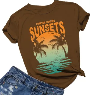 Oversized Sunset Graphic Tees for Women: Forever Chasing Sunset Graphic Tees Summer Casual Hawaiian Shirts for Women