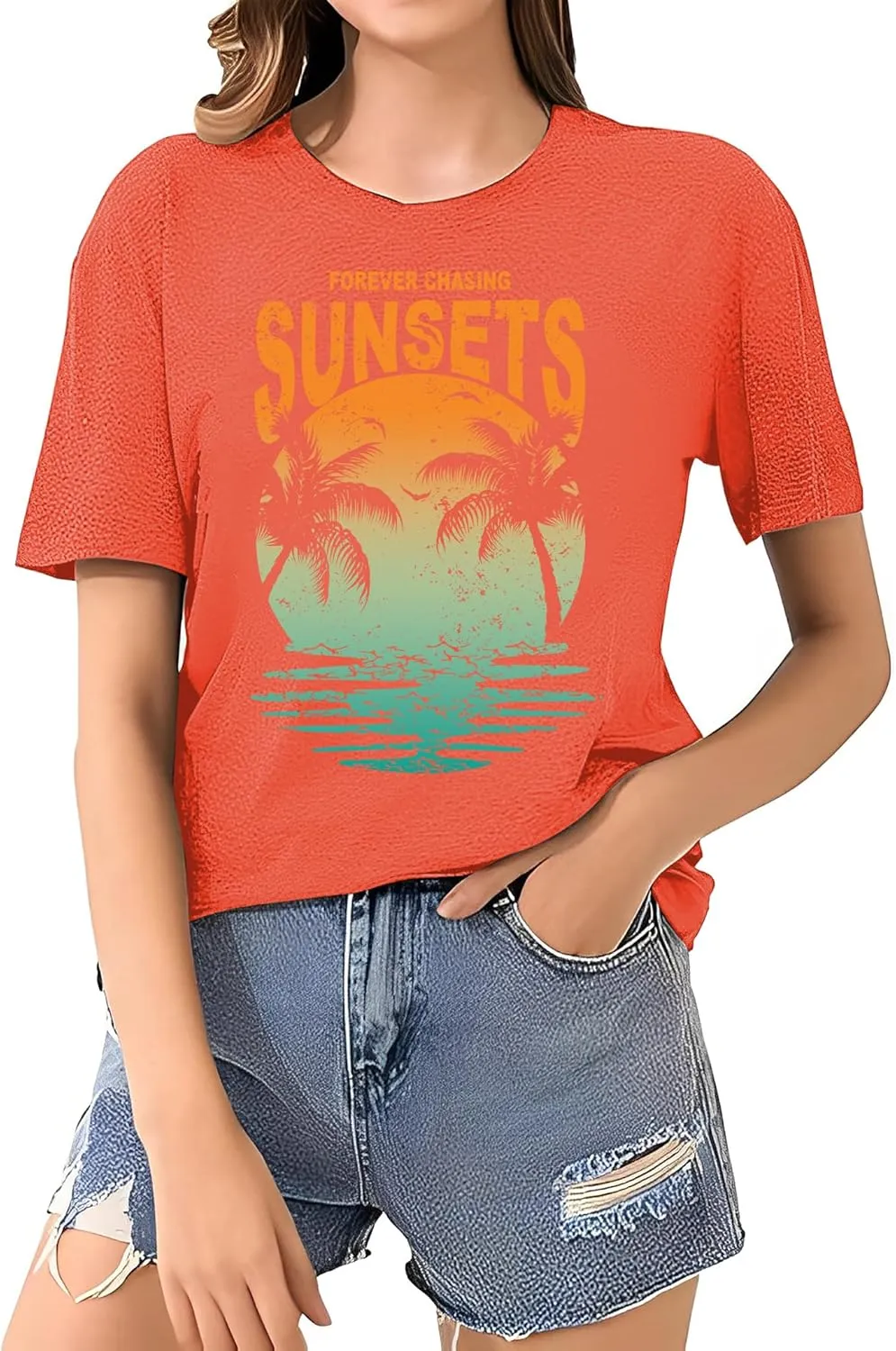 Oversized Sunset Graphic Tees for Women: Forever Chasing Sunset Graphic Tees Summer Casual Hawaiian Shirts for Women