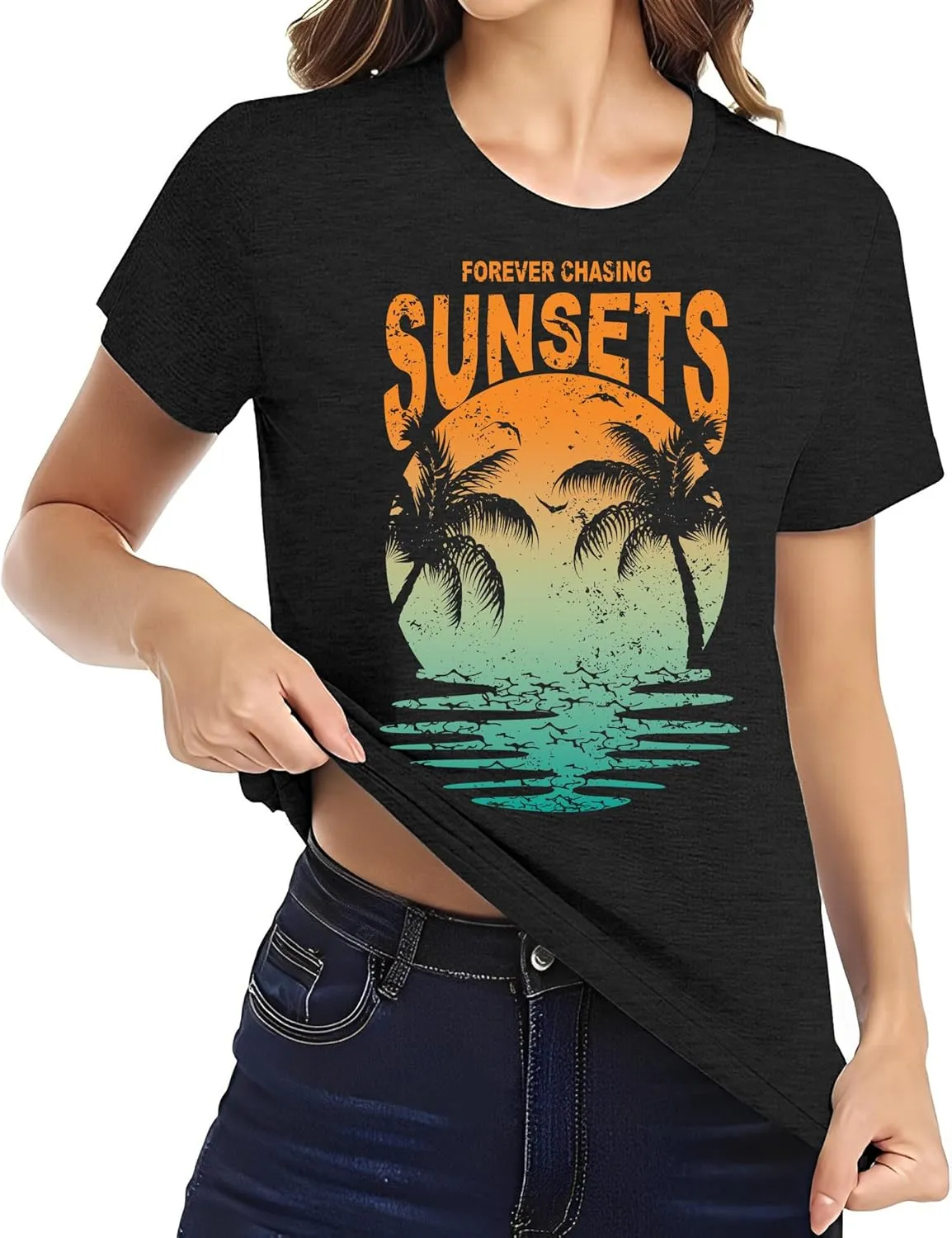 Oversized Sunset Graphic Tees for Women: Forever Chasing Sunset Graphic Tees Summer Casual Hawaiian Shirts for Women