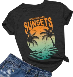 Oversized Sunset Graphic Tees for Women: Forever Chasing Sunset Graphic Tees Summer Casual Hawaiian Shirts for Women