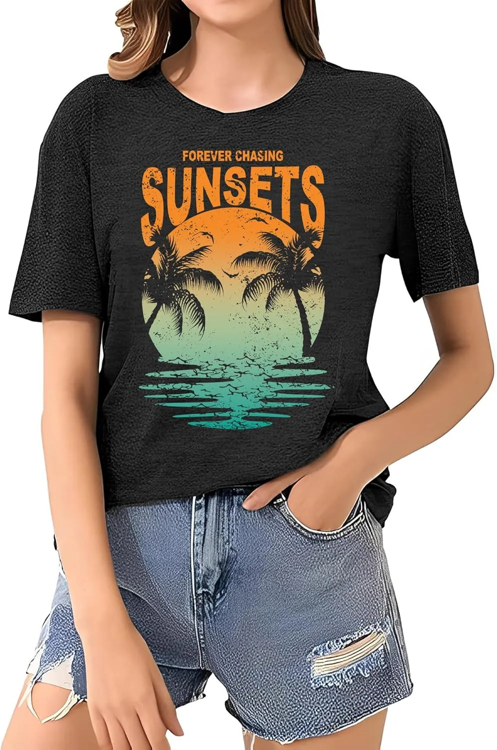 Oversized Sunset Graphic Tees for Women: Forever Chasing Sunset Graphic Tees Summer Casual Hawaiian Shirts for Women