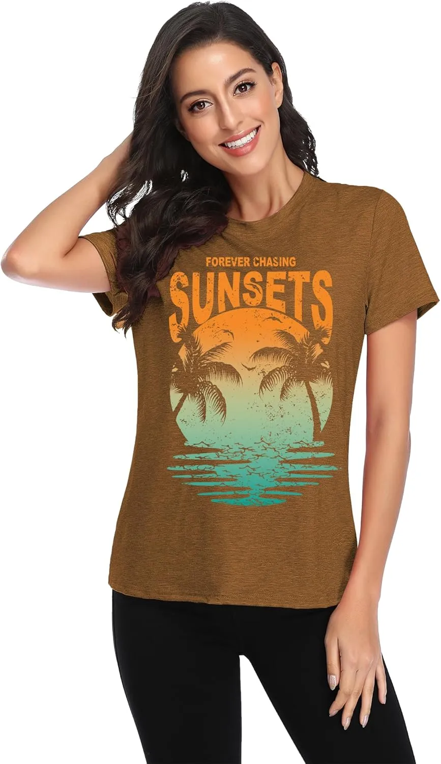Oversized Sunset Graphic Tees for Women: Forever Chasing Sunset Graphic Tees Summer Casual Hawaiian Shirts for Women