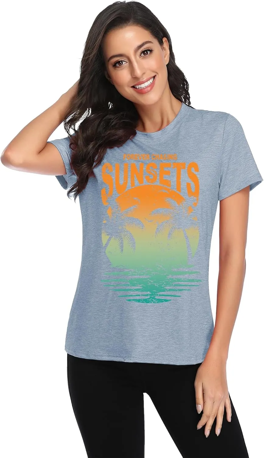 Oversized Sunset Graphic Tees for Women: Forever Chasing Sunset Graphic Tees Summer Casual Hawaiian Shirts for Women