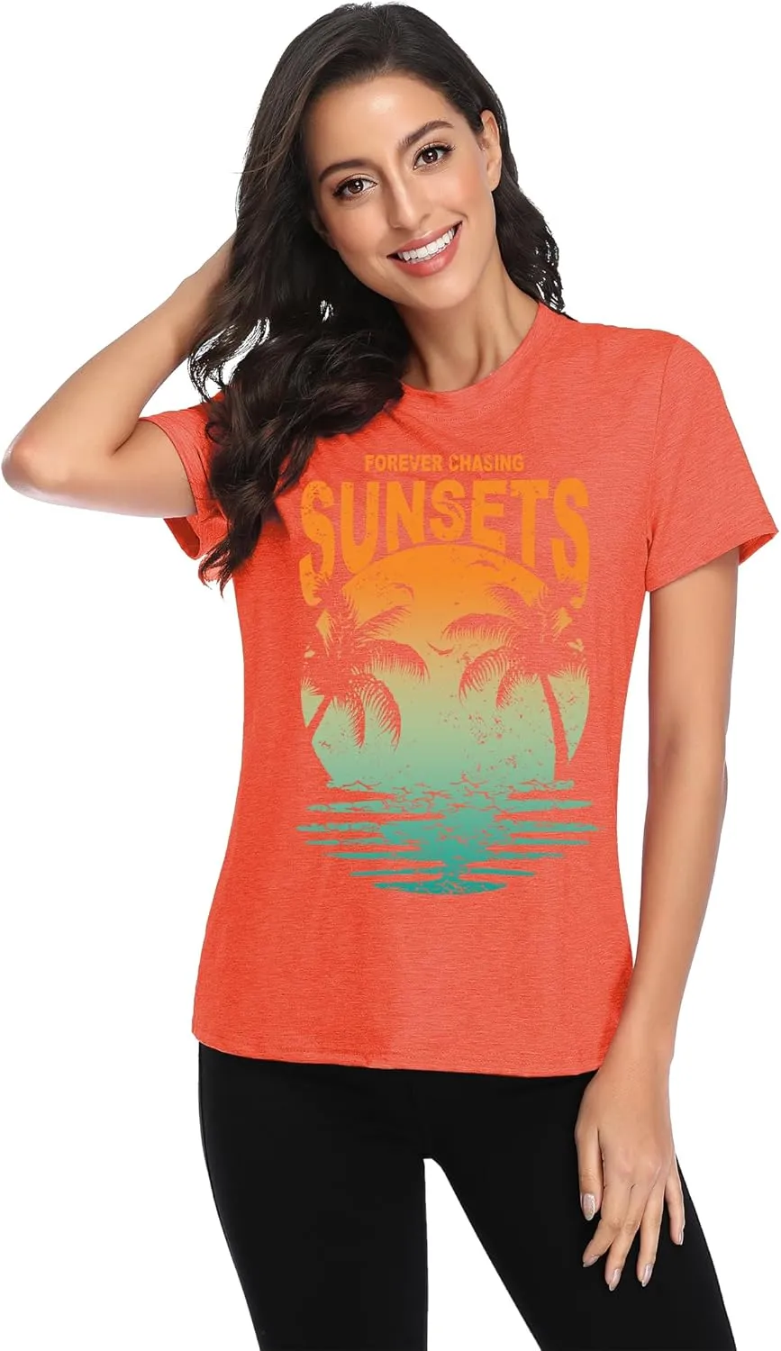 Oversized Sunset Graphic Tees for Women: Forever Chasing Sunset Graphic Tees Summer Casual Hawaiian Shirts for Women