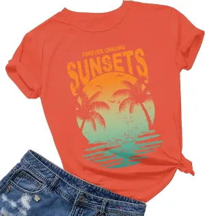 Oversized Sunset Graphic Tees for Women: Forever Chasing Sunset Graphic Tees Summer Casual Hawaiian Shirts for Women