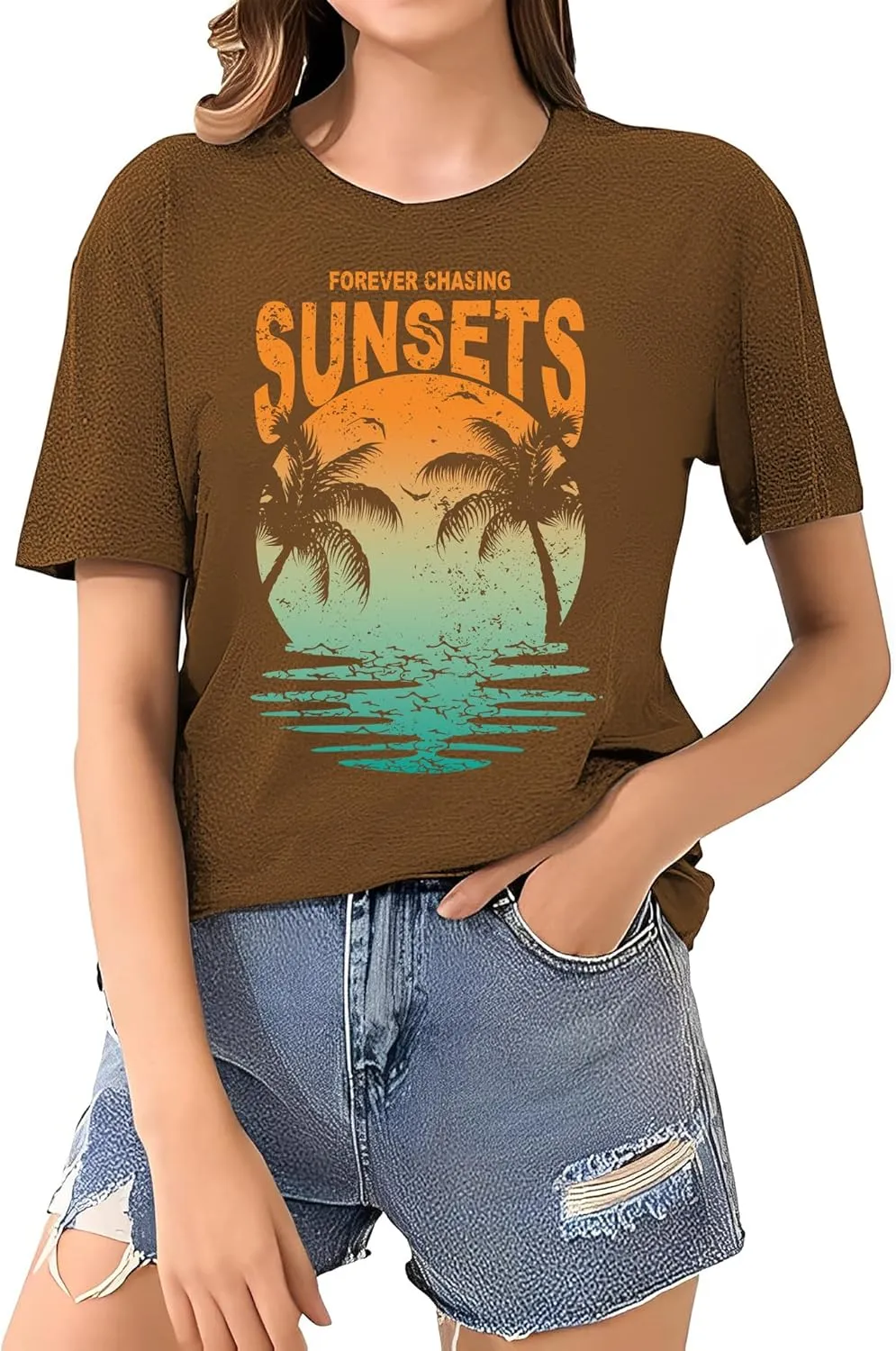 Oversized Sunset Graphic Tees for Women: Forever Chasing Sunset Graphic Tees Summer Casual Hawaiian Shirts for Women