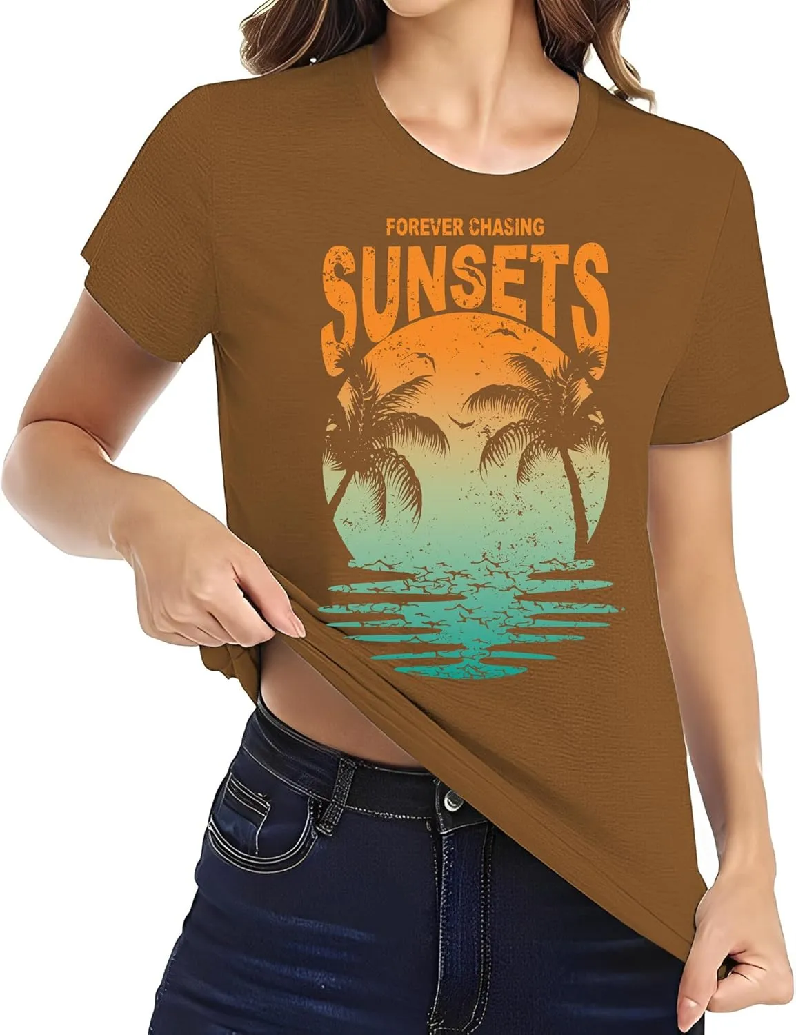 Oversized Sunset Graphic Tees for Women: Forever Chasing Sunset Graphic Tees Summer Casual Hawaiian Shirts for Women