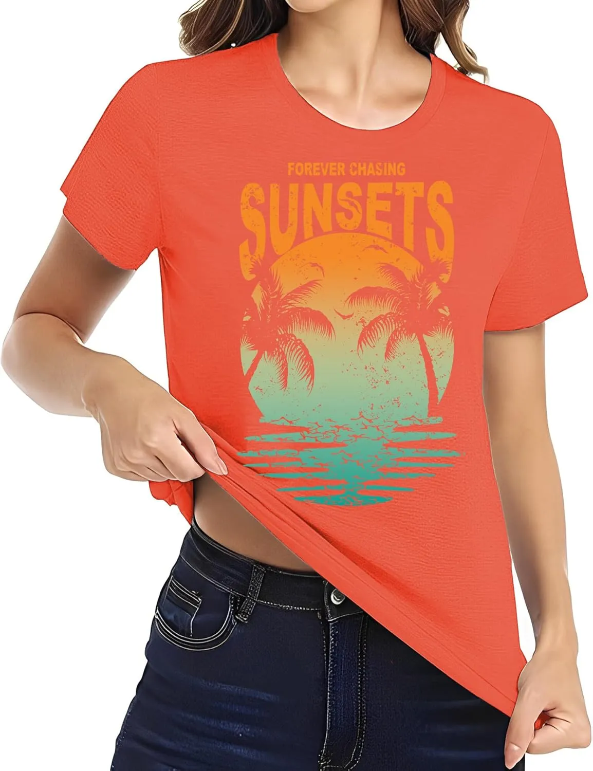 Oversized Sunset Graphic Tees for Women: Forever Chasing Sunset Graphic Tees Summer Casual Hawaiian Shirts for Women