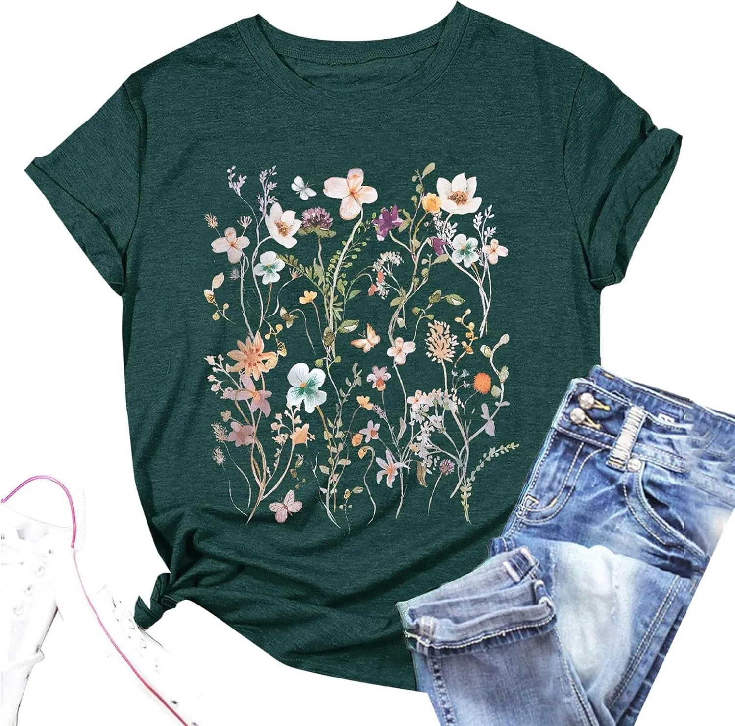 Oversized Tshirts for Women 2024 Summer Floral Printed Crew Neck Short Sleeve Shirt Loose Fit Casual Graphic Tee Tops