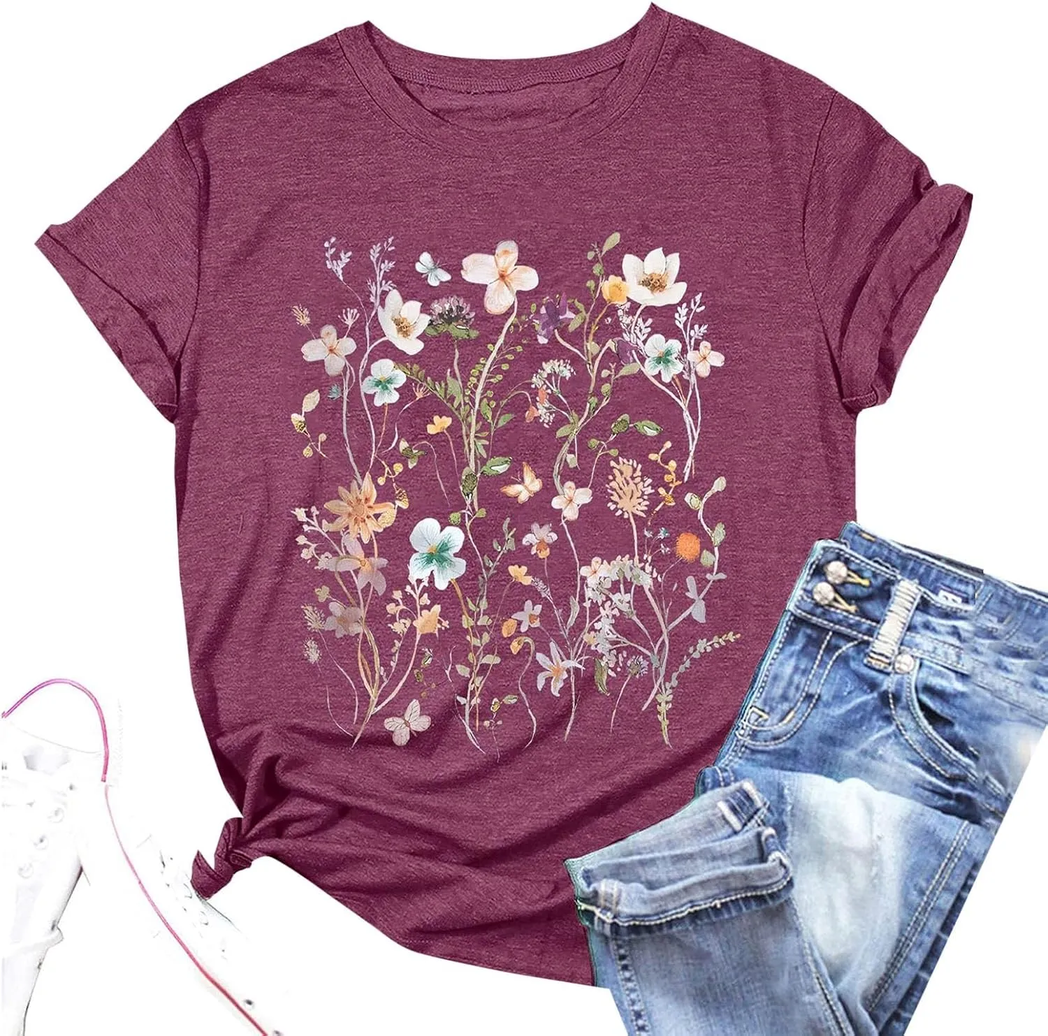 Oversized Tshirts for Women 2024 Summer Floral Printed Crew Neck Short Sleeve Shirt Loose Fit Casual Graphic Tee Tops