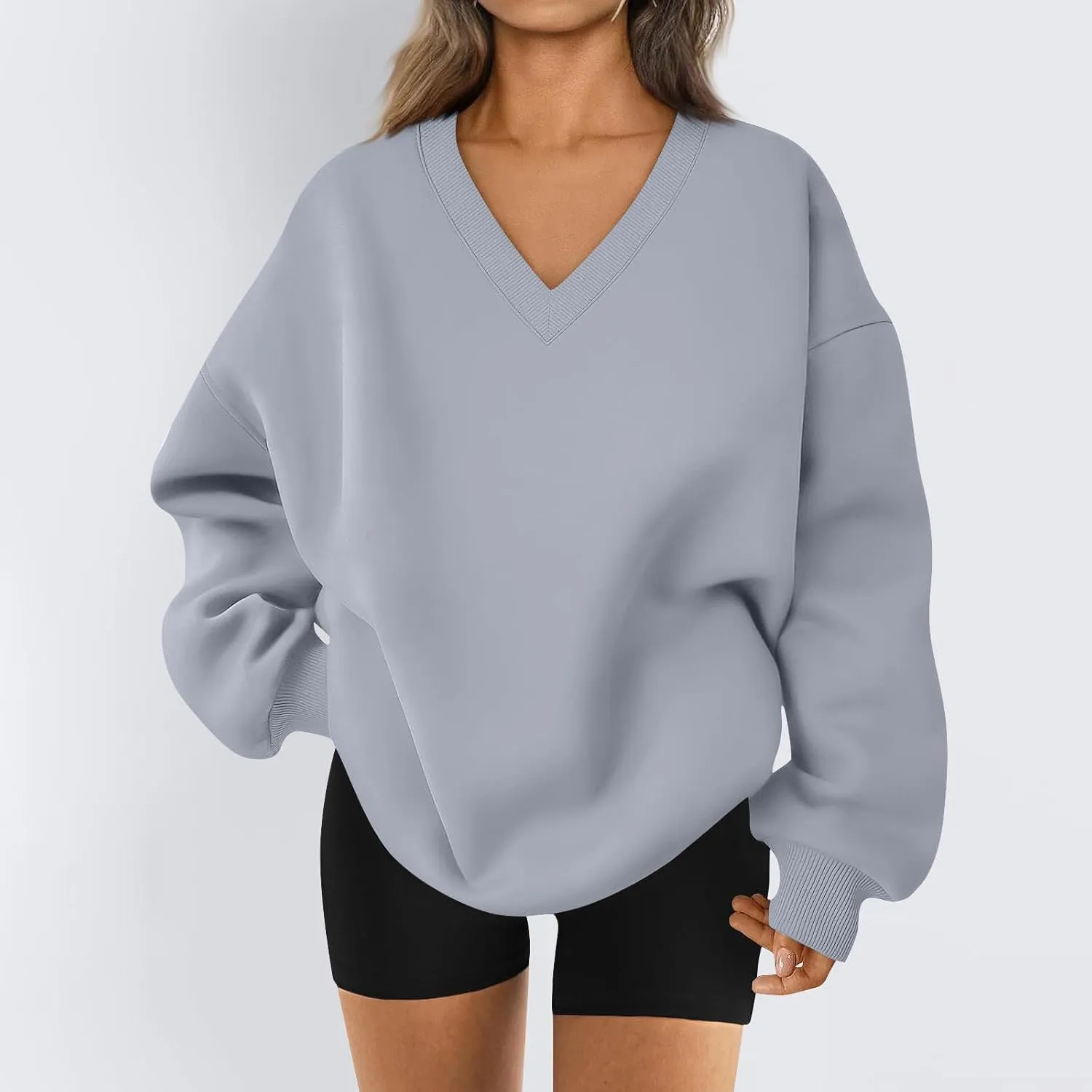 Oversized V Neck Sweatshirt Women Cute Teen Long Sleeve Sweat Shirts Y2k Tops Casual Workout Fleece Pullover Sweaters
