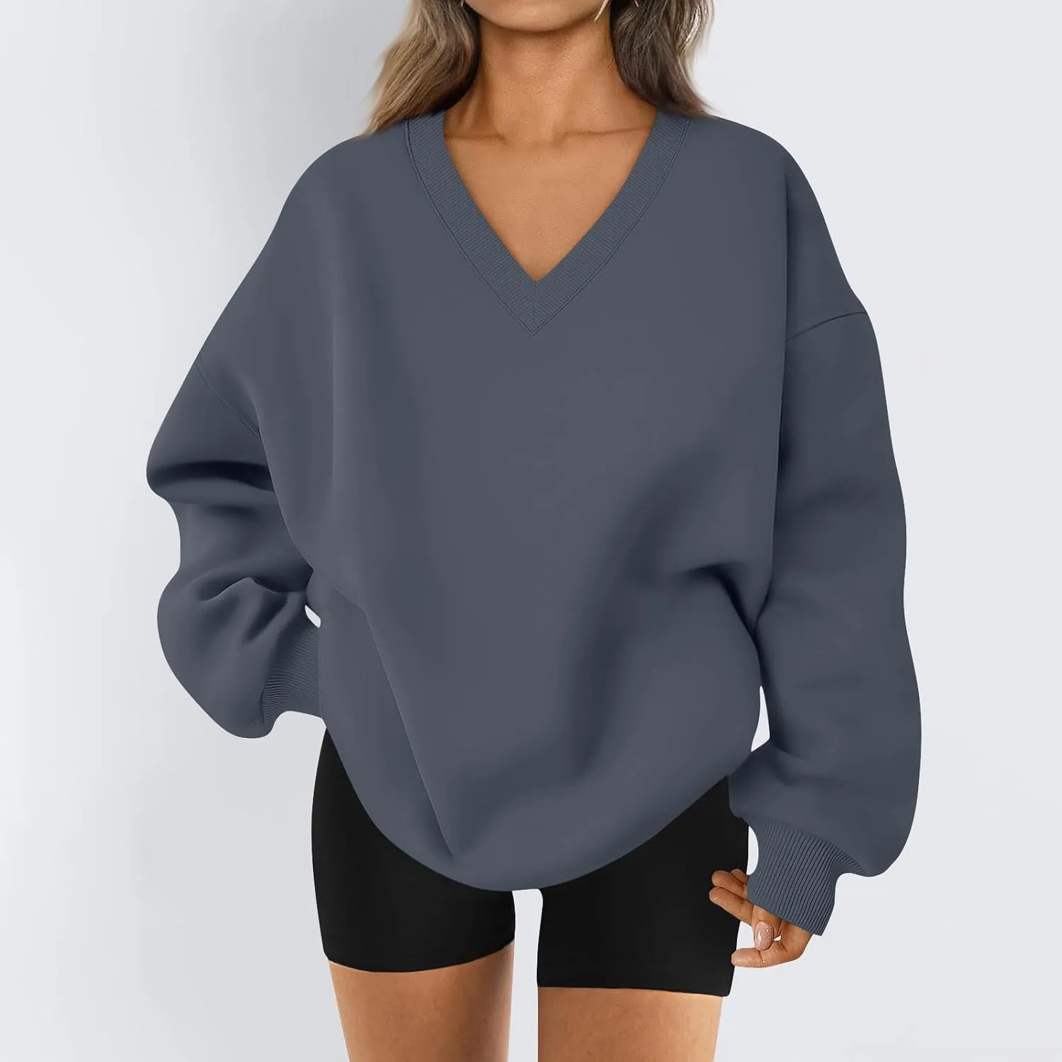 Oversized V Neck Sweatshirt Women Cute Teen Long Sleeve Sweat Shirts Y2k Tops Casual Workout Fleece Pullover Sweaters