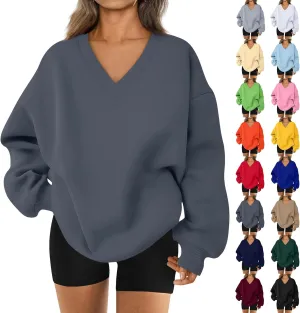 Oversized V Neck Sweatshirt Women Cute Teen Long Sleeve Sweat Shirts Y2k Tops Casual Workout Fleece Pullover Sweaters