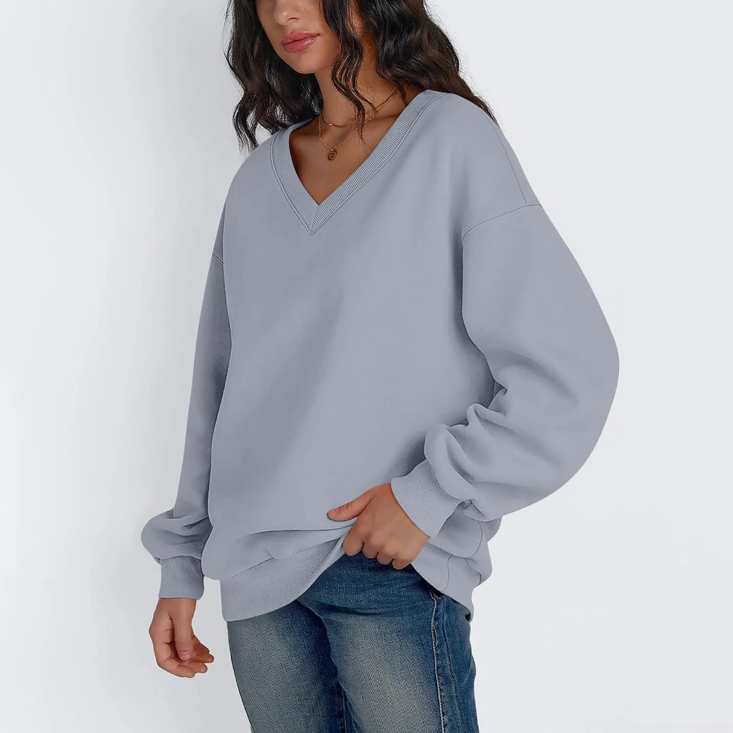 Oversized V Neck Sweatshirt Women Cute Teen Long Sleeve Sweat Shirts Y2k Tops Casual Workout Fleece Pullover Sweaters