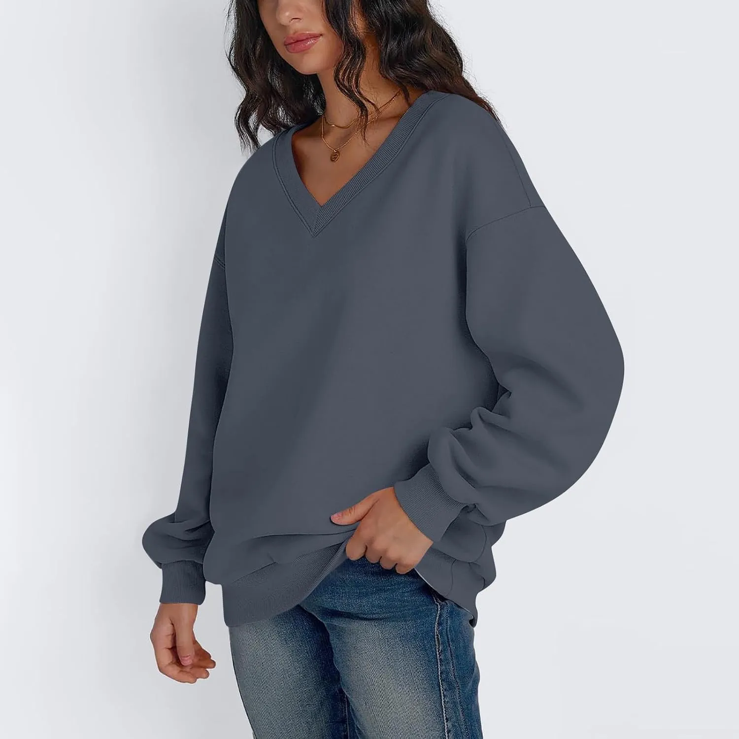 Oversized V Neck Sweatshirt Women Cute Teen Long Sleeve Sweat Shirts Y2k Tops Casual Workout Fleece Pullover Sweaters
