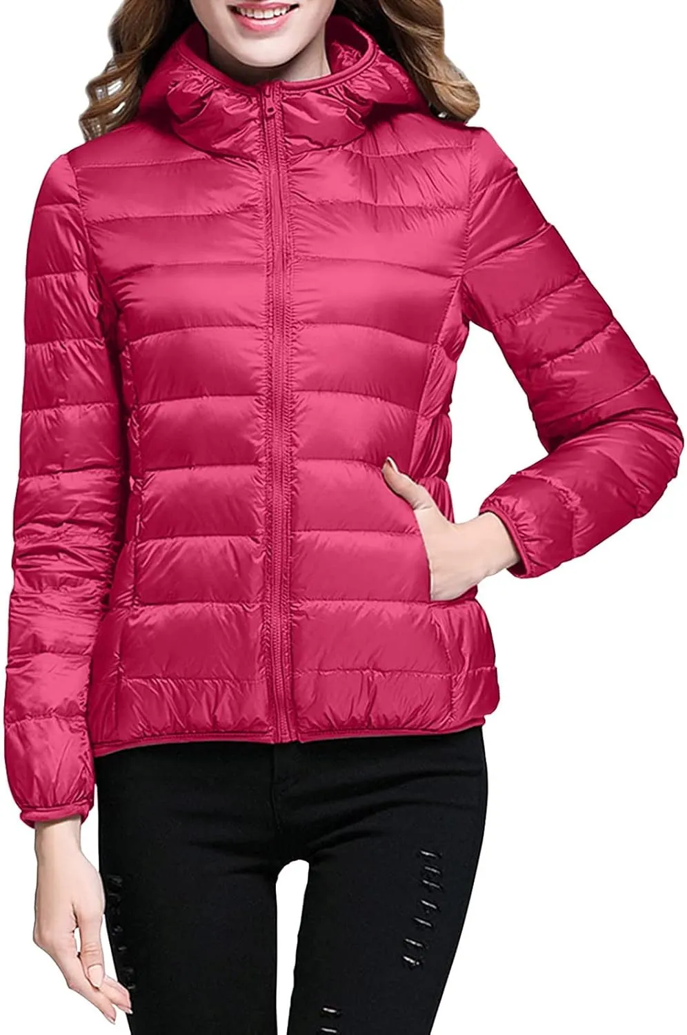 Packable Puffer Jacket Women Lightweight Short Down Jackets Winter Trendy Slim Fit Hooded Bubble Coat Light Puffer Jackets