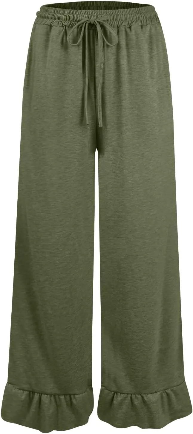 Palazzo Pants for Women Casual High Waisted Ruffle Hem Wide Leg Lounge Pants with Pockets Flowy Summer Beach Outfits
