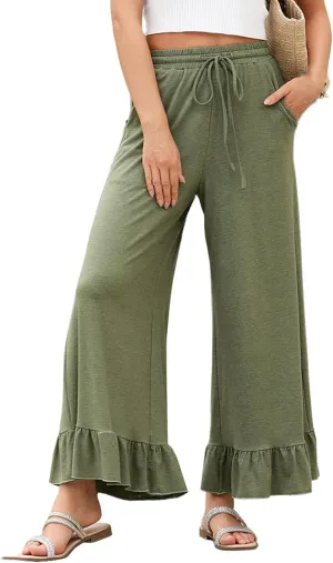 Palazzo Pants for Women Casual High Waisted Ruffle Hem Wide Leg Lounge Pants with Pockets Flowy Summer Beach Outfits