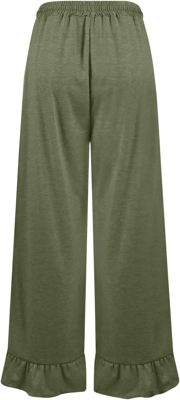 Palazzo Pants for Women Casual High Waisted Ruffle Hem Wide Leg Lounge Pants with Pockets Flowy Summer Beach Outfits