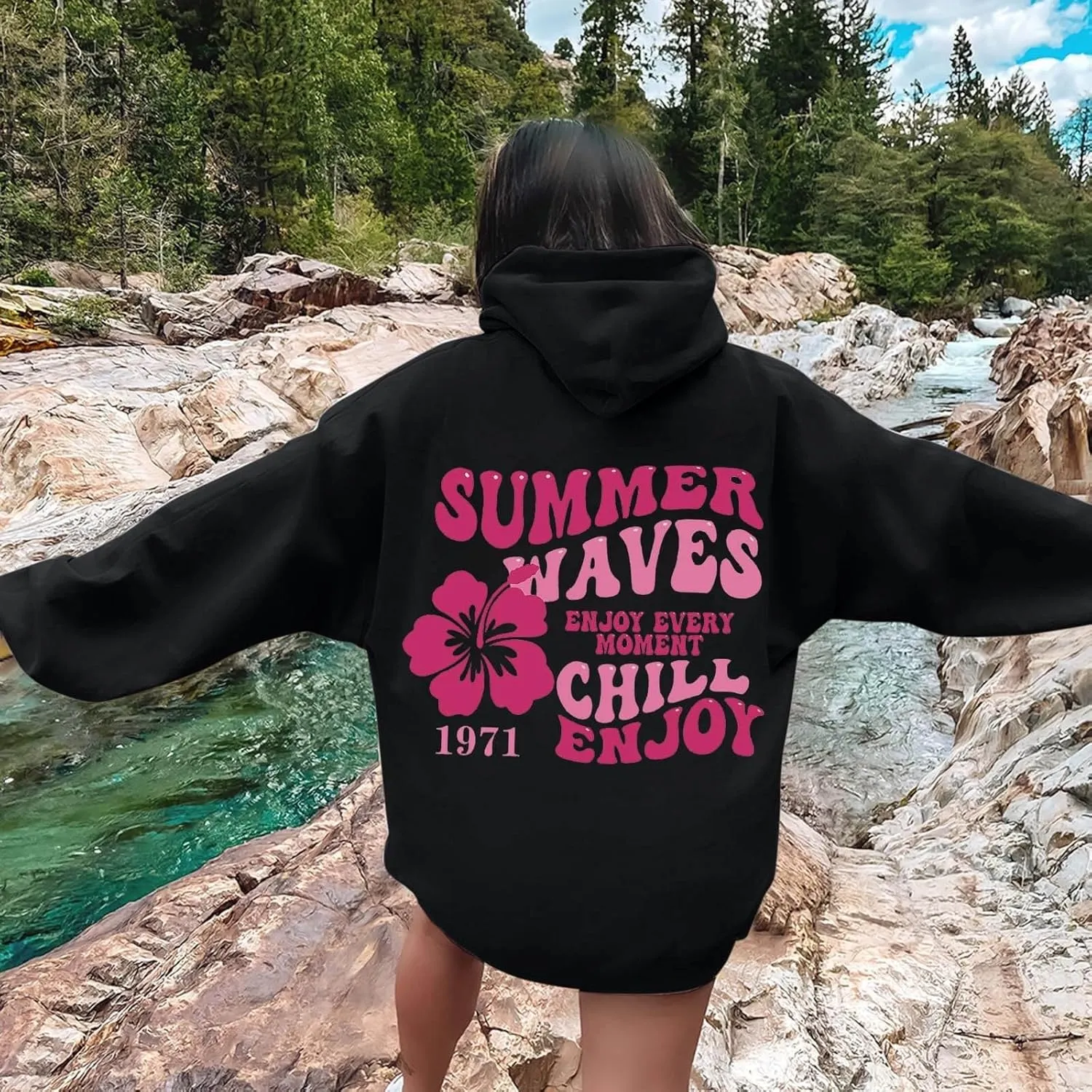Pink Palm Puff Hoodie Sweatshirt for Women Oversized Graphic Hoodies Hooded Neck Pullover Sweater Fall Outfits 2024