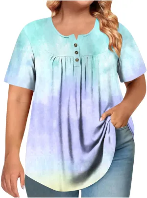 Plus Size Top for Women Button Up Henley Shirts Short Sleeve Summer Crew Neck Pleated Casual Trendy Tie Dye Tunic Blouse