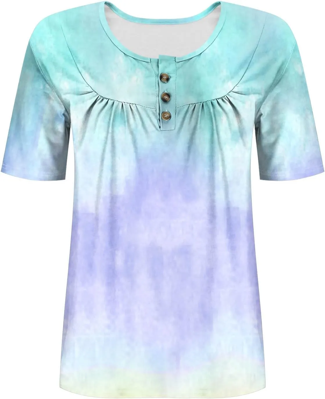 Plus Size Top for Women Button Up Henley Shirts Short Sleeve Summer Crew Neck Pleated Casual Trendy Tie Dye Tunic Blouse