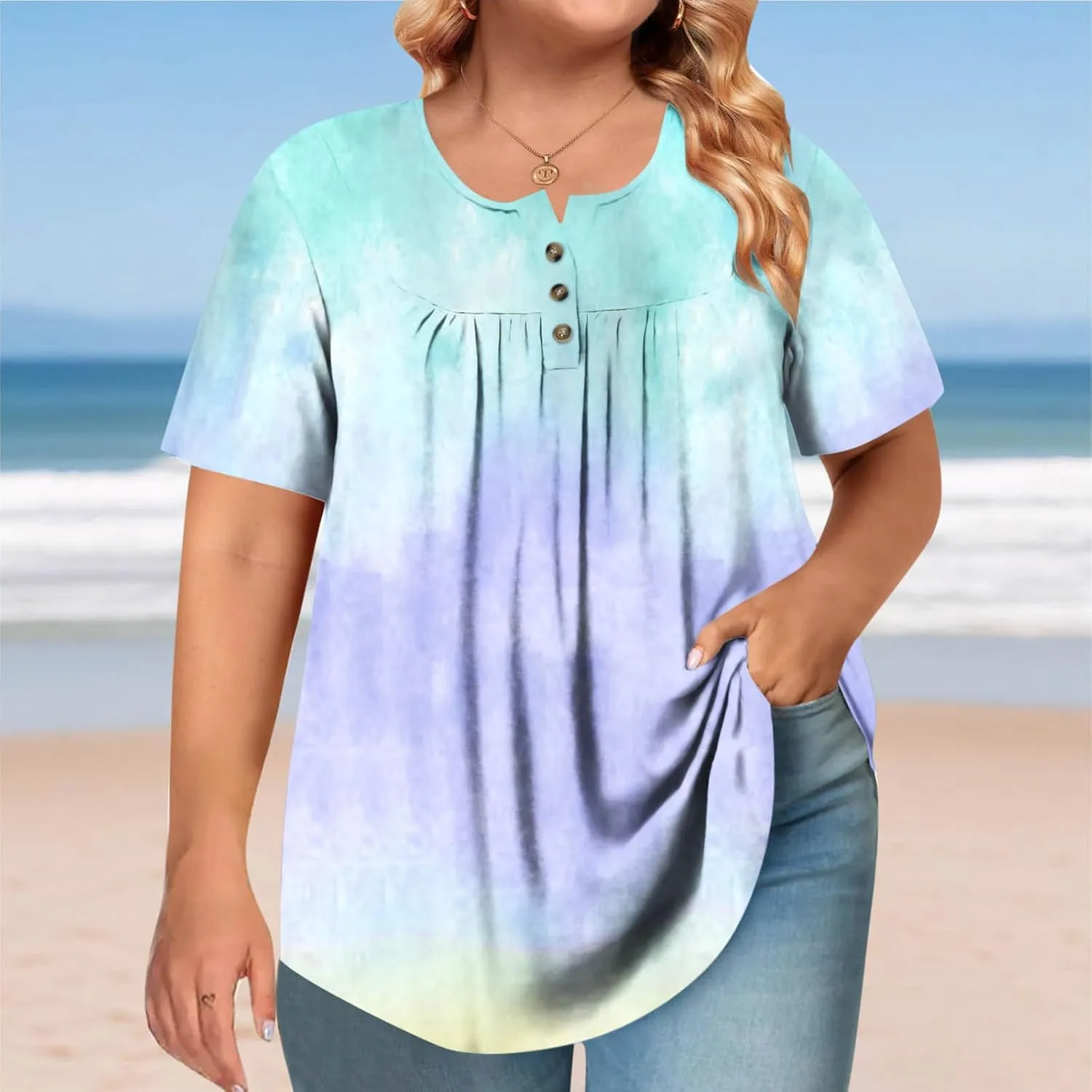 Plus Size Top for Women Button Up Henley Shirts Short Sleeve Summer Crew Neck Pleated Casual Trendy Tie Dye Tunic Blouse