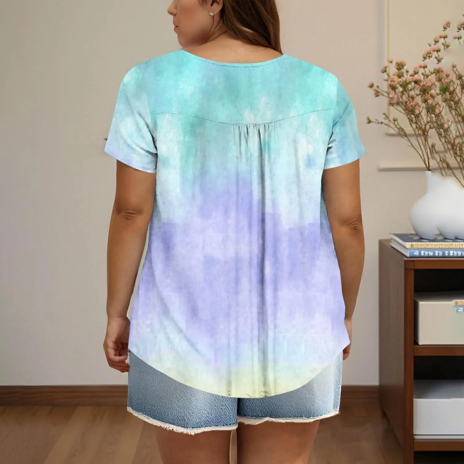 Plus Size Top for Women Button Up Henley Shirts Short Sleeve Summer Crew Neck Pleated Casual Trendy Tie Dye Tunic Blouse
