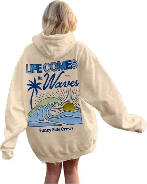 Preppy Girl Sweatshirt Life Comes in Waves Print Sweatshirts Oversized Hoodies for Women Long Sleeve Tunic Tops Drawstring Fall Winter Outfit Hoodies for Teens Beige Medium