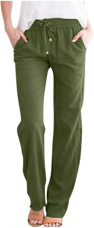 Prime Sales and Deals Today Clearance,Womens Casual Linen High Waist Pants Drawstring Loose Fit Summer Pants Trousers with Pockets