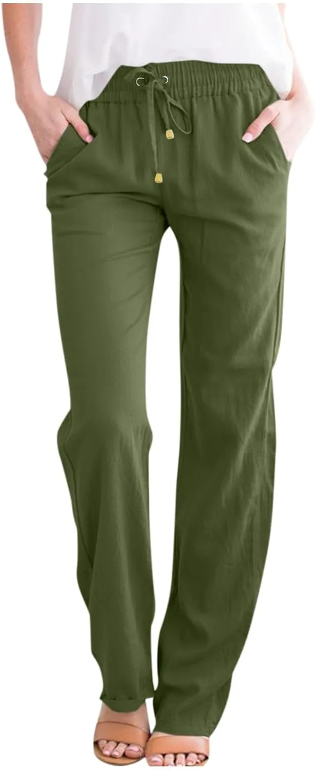 Prime Sales and Deals Today Clearance,Womens Casual Linen High Waist Pants Drawstring Loose Fit Summer Pants Trousers with Pockets