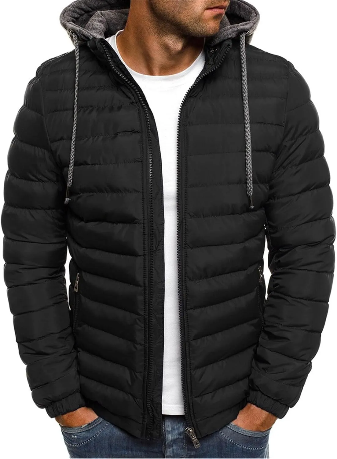 Puffer Jacket Men Winter Warm Down Coat Lightweight Fashion Business Hooded Jackets Outdoor Full Zipper Casual Coats