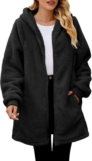 QWENTMTNTY Light Jackets for Women Fuzzy Fleece Jackets Winter Outfits Warm Windbreaker Plus Size Winter Coats with Fur Hood