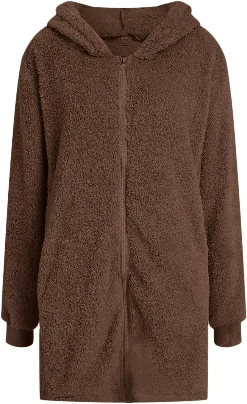 QWENTMTNTY Light Jackets for Women Fuzzy Fleece Jackets Winter Outfits Warm Windbreaker Plus Size Winter Coats with Fur Hood