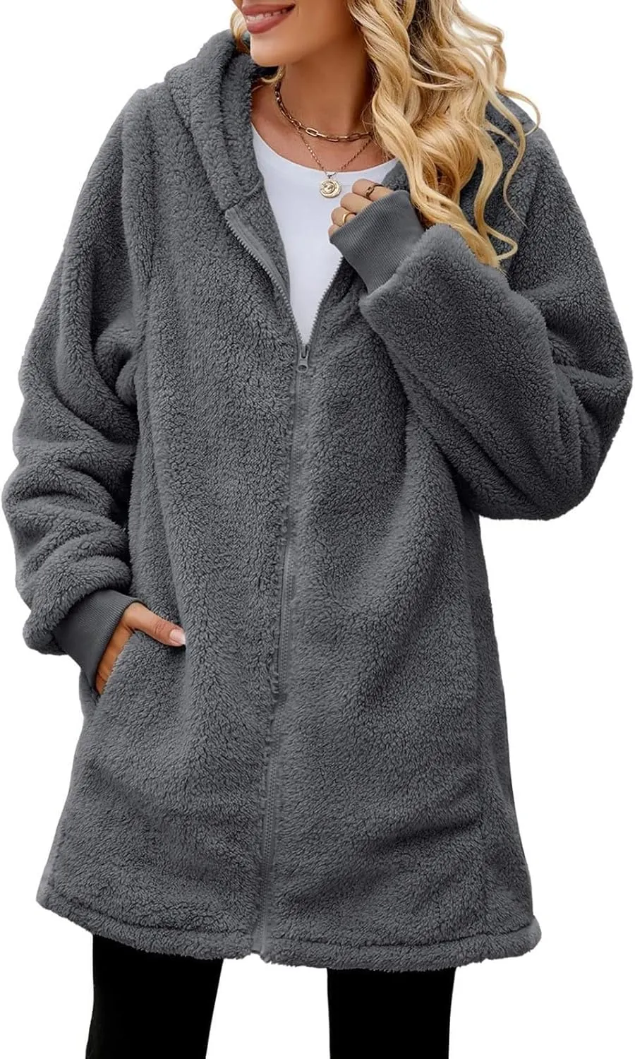 QWENTMTNTY Light Jackets for Women Fuzzy Fleece Jackets Winter Outfits Warm Windbreaker Plus Size Winter Coats with Fur Hood