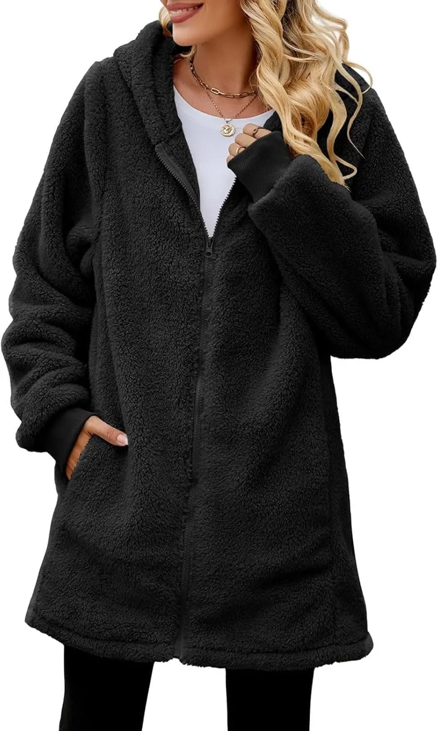 QWENTMTNTY Light Jackets for Women Fuzzy Fleece Jackets Winter Outfits Warm Windbreaker Plus Size Winter Coats with Fur Hood